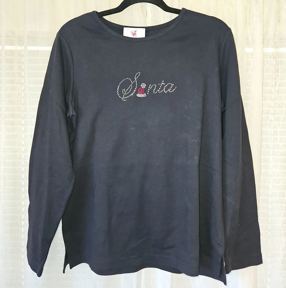 Quacker Factory Black Long Sleeve "Santa" Rhinestone Tee